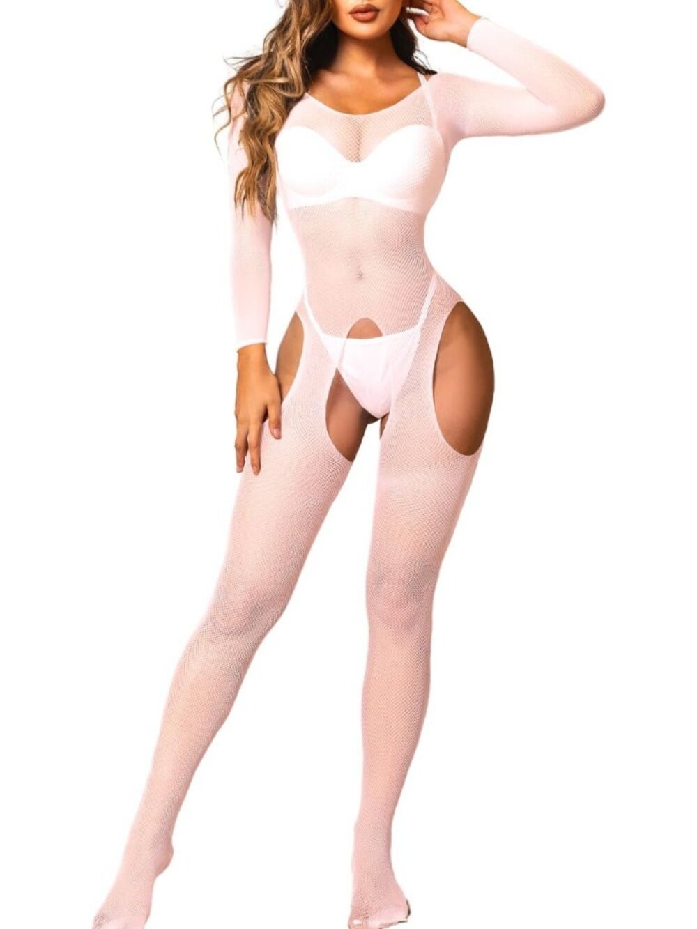 Women's Body Stocking Light Pink High Neck Fishnet Sleeveless Nightwear Comfort